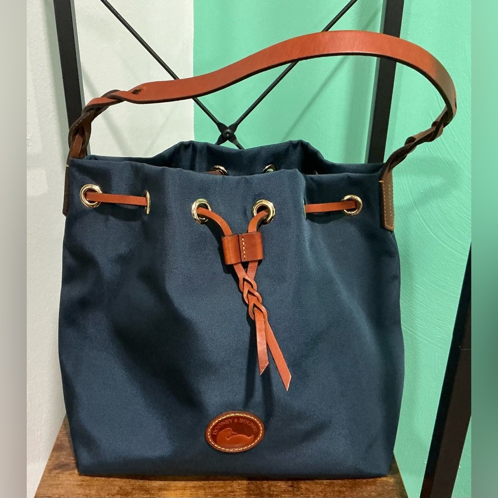 Dooney & Bourke Blue  Canvas, Leather Straps Drawstring Bucket Bag NWOT